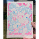 Illustration of a pink cat with a bandaged paw, holding a longsword. It is surrounded by snakes.