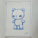 Blue pencil illustration of a teddy bear with its arms outstretched.