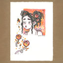 A whimsical illustration of a girl with curly hair and flowers, alongside two orange flowers and sparkles, set against a white paper background with a brown textured border.
