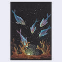 An underwater-themed artwork featuring five iridescent blue and purple fish swimming around a coral reef and a glowing cave in a dark, textured background.