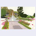 Painting of a water fountain at a rose garden.