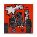 Childlike stylized painting on red panel of a large gray Godzilla character sitting on the ground, playing with cars like they are toys surrounded by tall buildings.