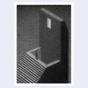 A black and white art work featuring a minimalist, geometric illustration of a person standing on a staircase in front of a tall, shadowed structure with a small window.