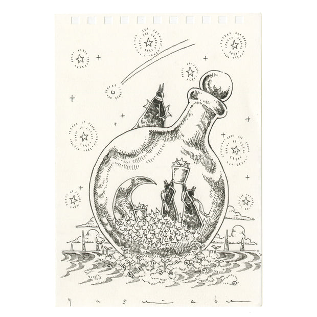 Ink sketch on cream sketchbook paper of a vial with lots of stars and a moon inside. 2 characters hold up a bucket of more stars.