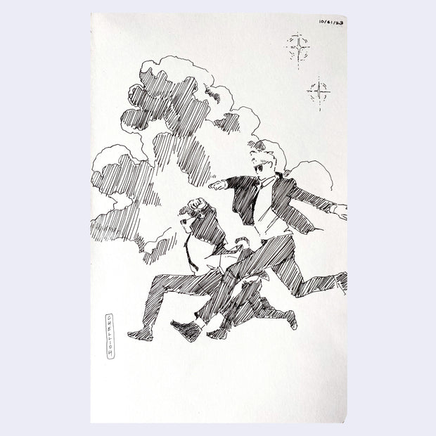 Ink sketch of 3 men in suits bounding through a cloudy sky.