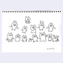 Ink illustration of many different line art monster characters on notebook paper.