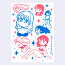 Hot pink and blue ink drawing on white paper of many cute anime style girls, in various poses and cute outfits.