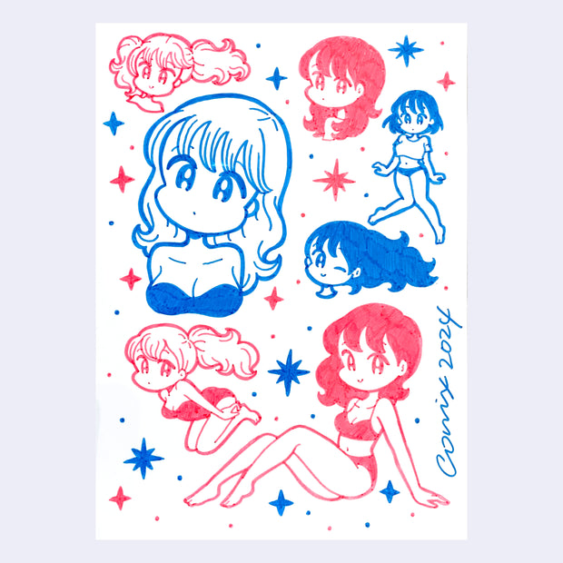 Hot pink and blue ink drawing on white paper of many cute anime style girls, in various poses and cute outfits.