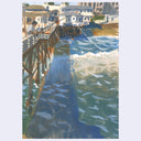 Impressionistic painting of a harbor scene with a wooden pier, blue-green water, white surf, and buildings in the background, shown against a light gray surround.