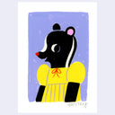 A stylized art work featuring a cartoon skunk in a yellow dress on a lavender background, centered on a white paper sheet with a light gray outer margin.