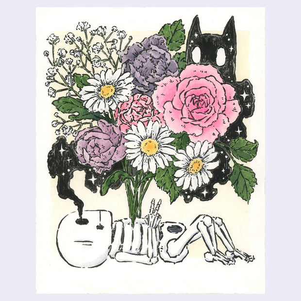Ink and watercolor illustration of a cartoon skeleton, laying on the ground and making a peace sign with its hand. A large bouquet of white, purple and pink flowers blooms out of its chest. A cloud of black smoke comes out of its eye, shaped vaguely like a cat.