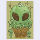 Ink and watercolor illustration of an alien shaped green ice cream cone with small aliens standing at the base of it.