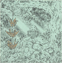 Pencil illustration of a small skeleton character sitting at the base of a large tree.