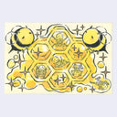 Ink and watercolor illustration of a honeycomb encased in honey with small cartoon skeletons in several of the hexes. 2 chubby cartoon bees sit on either side of the comb with golden sparkles.