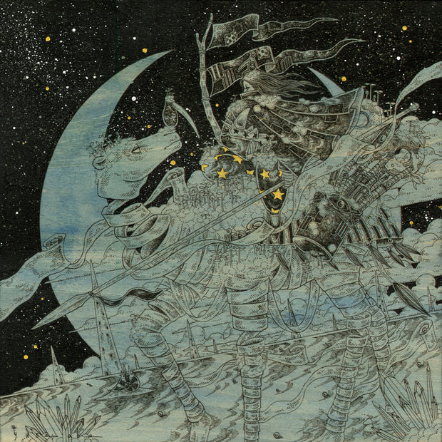 Finely detailed ink illustration on exposed wood panel with blue tinting over the natural wood. Featuring a camel, made out of unraveling fabric, with a person atop its back wearing a patchwork cloak and holding a little creature with a plague mask in its arms. Starry night sky and large crescent moon looms behind them.