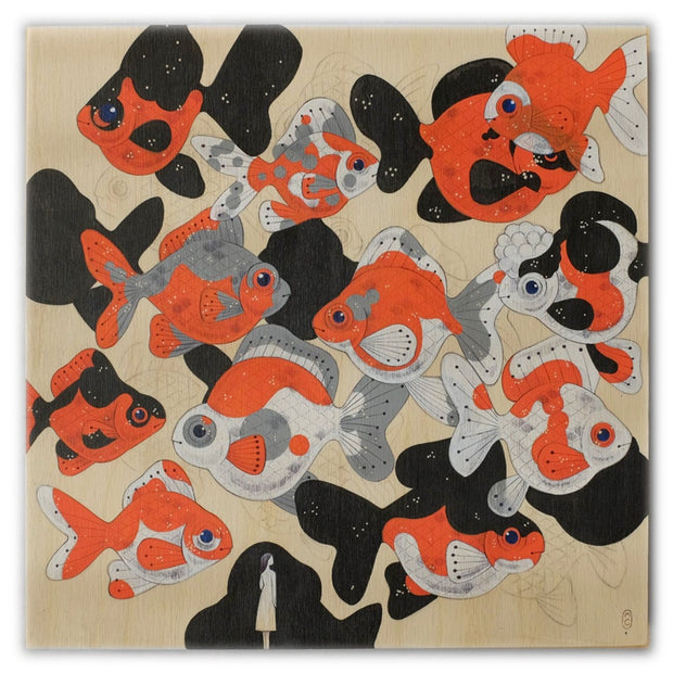 Painting on exposed wooden panel of many white, grey, orange and black goldfish. They are facing either left or right and swim above a small simplistic woman in the bottom of the piece.