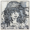 Painting of a woman with futuristic chest outerwear with many buttons and badges. In front of her face is a bird with a sharp beak.