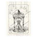 Ink sketch on cream sketchbook paper of a sand timer with stars inside of it. Atop of its base is a cloaked figure and many sprouts and moss.