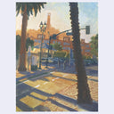 An impressionist-style painting of a sunlit city street with palm trees, buildings, parked cars, and streetlights rendered in warm yellows, browns, blues, and grays.