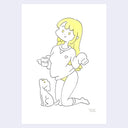 Illustration of a woman with a dog holding a mug on a white background