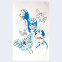 Colored pencil sketch of 3 girls with long hair, looking at the viewer. Around them are moths with eyeballs as bodies.