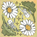 Ink and watercolor illustration of 2 cartoon skeletons, each holding onto their own large white daisies with the green stem attached. They are positioned mirrored each other in a circular shape.