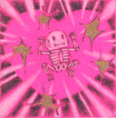Illustration on pink post it note of a cute cartoon skeleton jumping for joy in a pink heart with gold sparkles.
