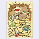 Ink and watercolor illustration of a pile of gold coins with a large gold frog sitting atop of it. 2 small cartoon skeletons sit at the bottom of the pile with gems.