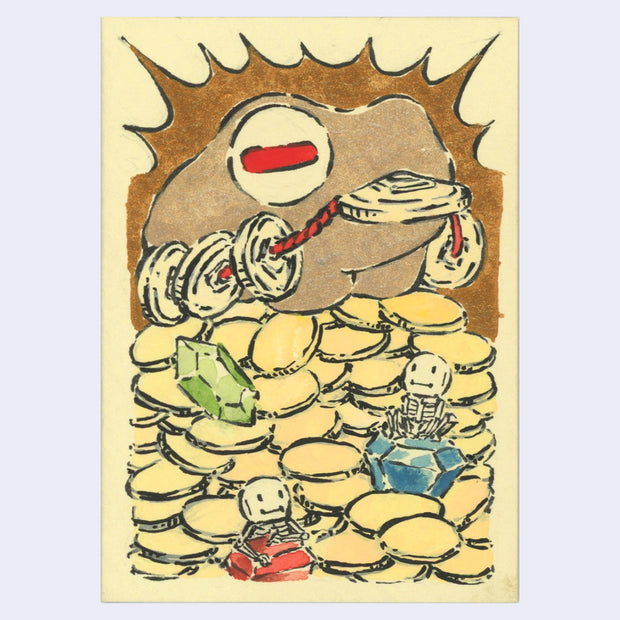 Ink and watercolor illustration of a pile of gold coins with a large gold frog sitting atop of it. 2 small cartoon skeletons sit at the bottom of the pile with gems.