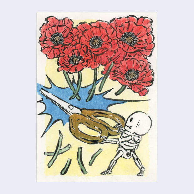 Drawing of a small cartoon skeleton holding a large pair of scissors and cutting the stems off a bouquet of red flowers.