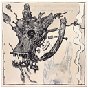 Painting of a robotic dragon head, detached from any body with many mechanical parts coming off of it. A stream of smoke comes up from the right side of the piece.