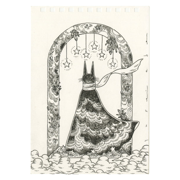 Ink sketch on cream sketchbook paper of a black cat wearing a flowing scarf and cloak, faced away from the viewer and standing under an archway.