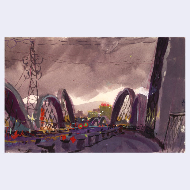 Plein air painting of the 6th Street Bridge in Los Angeles, at dusk with a grey sky and light purple tones. Several car lights light up the street and a large cell tower is in the background.