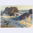 An impressionistic painting of a rocky coastal scene with waves crashing, dark cliffs, and two black birds standing on wet sand in the foreground, shown against a light gray surround.