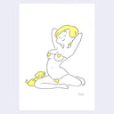 Illustration of a woman posing in heart shaped bikini with a dog on a light purple background