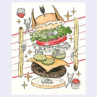 Ink and watercolor illustration of a cheeseburger, with all of its components floating slightly, as if falling down in slow motion. Lots of small skeletons decorate the scene and interact with the elements, including ketchup and a fry fence.