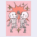 Two skeletons giving a high-five on a pink background with starburst graphics
