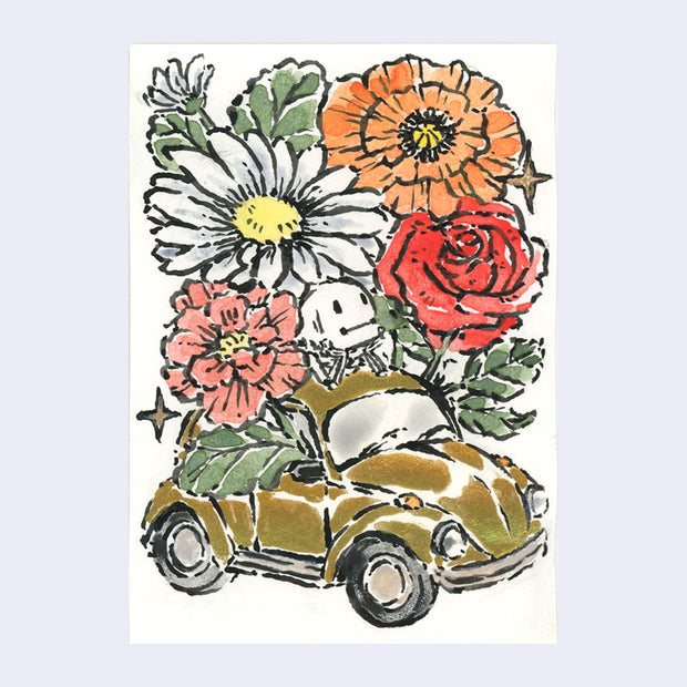 Drawing of a small golden VW Beetle with a large bouquet of flowers coming out the top.