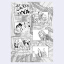 Comic book panel layout with character illustrations and text on a light gray background