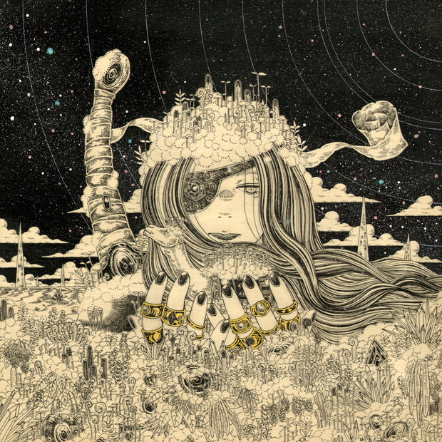 Finely detailed ink illustration on exposed wood panel of a woman with an eye patch and long flowing hair, seen only from the shoulders up. She holds in her ringed fingers a small camel with moss growing on its back. Atop her own head is a cloudy area with plant sprouts. In the foreground are many plants and gems, with a starry night sky in the background.