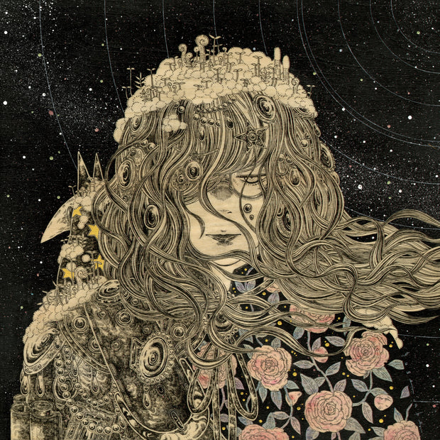 Finely detailed ink illustration on exposed wooden panel of a woman with very long, wavy hair covering most of her face. She is seen only from the chest up, wearing a robe that is half floral pattern and half elaborately decorated fur. Atop her head is a landscape of clouds and sprouts growing from it.