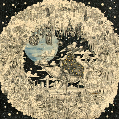 Finely detained ink illustration on exposed wood panel of a person with a star patterned cloak riding atop of a camel through barren desert. They are framed by a large circular mass of clouds, plants and jewels. A blue moon hangs in the background.