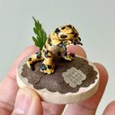 Small figurine of a leopard colored newt holding a shurikan on a wooden base with plants and rocks, held by a hand.