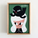 A framed folk art painting of a stylized woman with white hair, a black bird on her head, and a green background. Both the girl and the bird smoke a cigarette.