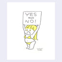 Cartoon character holding a sign with 'YES AND NO!' on a light purple background