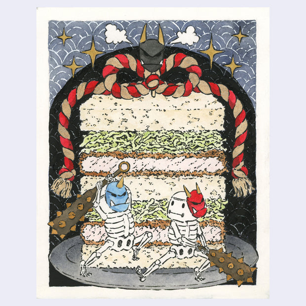 Ink and watercolor illustration of a tall sandwich, with crustless bread, shredded cabbage or lettuce and breaded chicken, stacked into 2 layers. 2 small skeleton fight on the plate, one wears a blue demon mask and the other wears a red demon mask. They each hold a spiked club.
