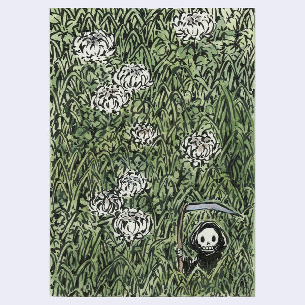 Ink and watercolor illustration of a small Grim Reaper standing in a field of tall grass with white flowers.