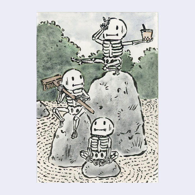 Drawing of 3 cartoon skeletons sitting atop of rocks in a sand zen garden. One holds a boba, the other holds a broom.