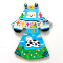 Flat, clay colorful sculpture of a UFO abducting a smiling cow from a lush, colorful field. In the space craft are small, cute aliens.