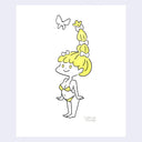 Small character wearing a bikini with a blonde ponytail with many ribbons in it.